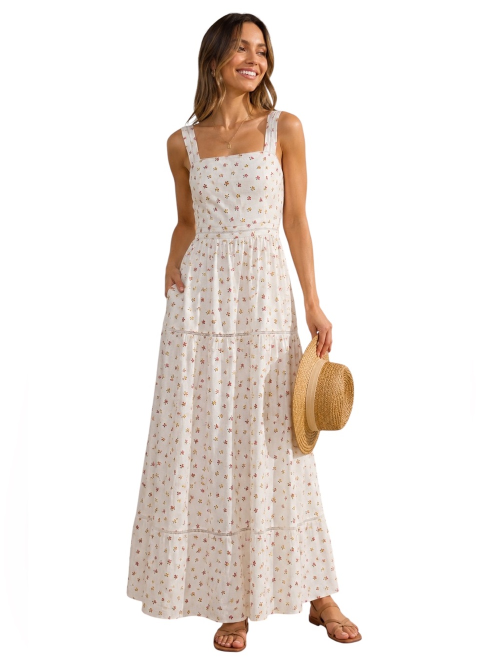 NWT Lucky Brand Linen Blend Ditsy Floral Trim Maxi Dress Ivory Small